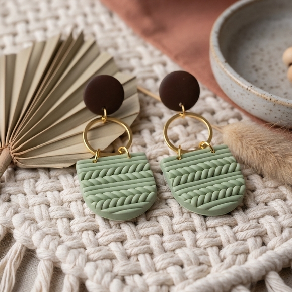 Sage Green Polymer Clay Wood Dangle Earrings Gold Plated Sterling Silver Posts - Picture 7 of 17